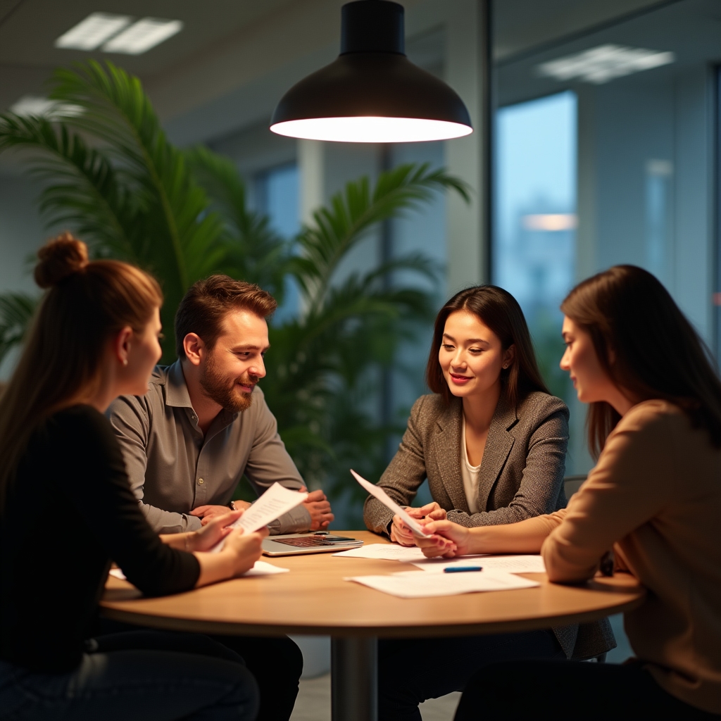 Small group consultation session with foreign workers discussing employment documentation in Poland