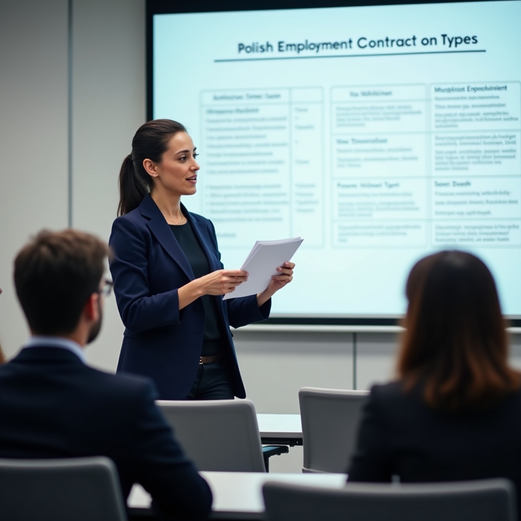 Instructor presenting Polish labour law course content to a group of foreign workers