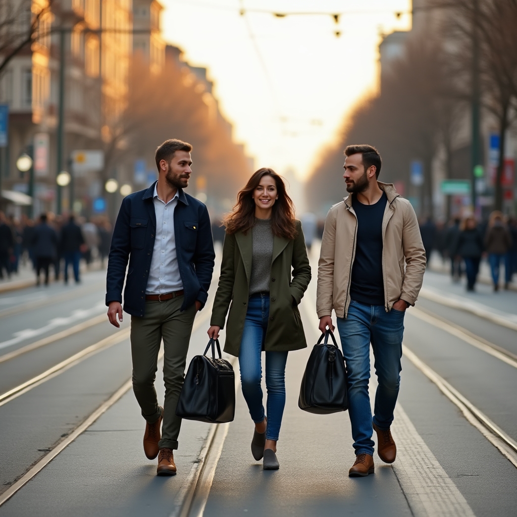 Foreign workers walking through a Polish city, representing integration and daily life